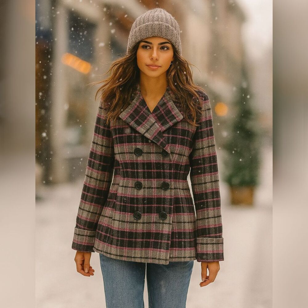 Victorias Secret PINK Peacoat Medium Hot Pink Grey Plaid Wool Blend Grunge Y2K